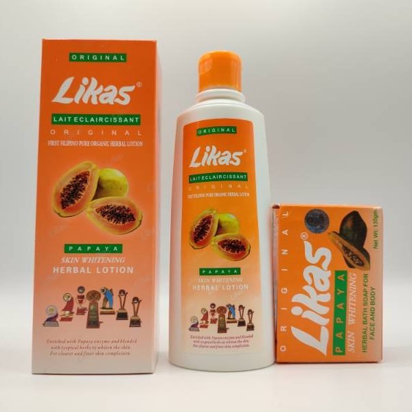 Lait Éclaircissant Likas à la Papaye Naturelle 500ml + Savon Éclaircissant – Soin Doux pour Tous Types de Peau