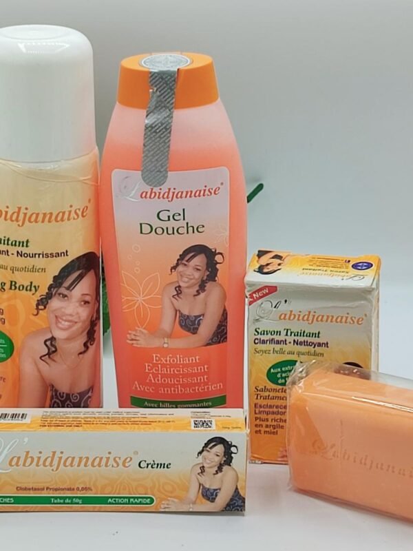 Mini Gamme L'Abidjanaise – Gel Douche, Lait Corporel, Savon & Crème Anti-Taches Intense | Éclaircissement Rapide | Banane Jaune