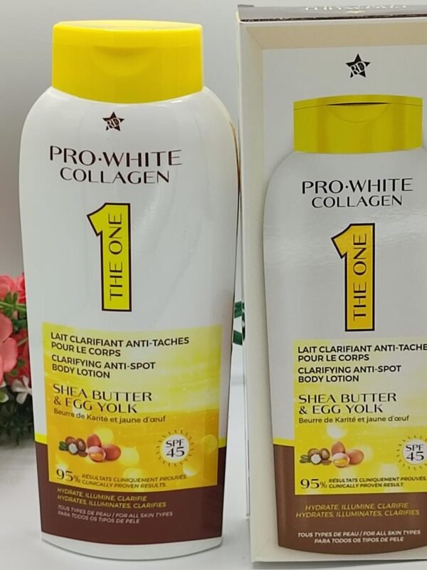 Lait Corporel Clarifiant PRO-WHITE COLLAGEN – Anti-Taches au Beurre de Karité & Jaune d’Œuf | Éclat & Nutrition | Banane Jaune