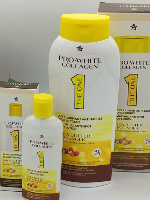 Mini Gamme PRO-WHITE COLLAGEN – Lait & Huile Corporels Clarifiants | Anti-Taches au Beurre de Karité & Jaune d’Œuf