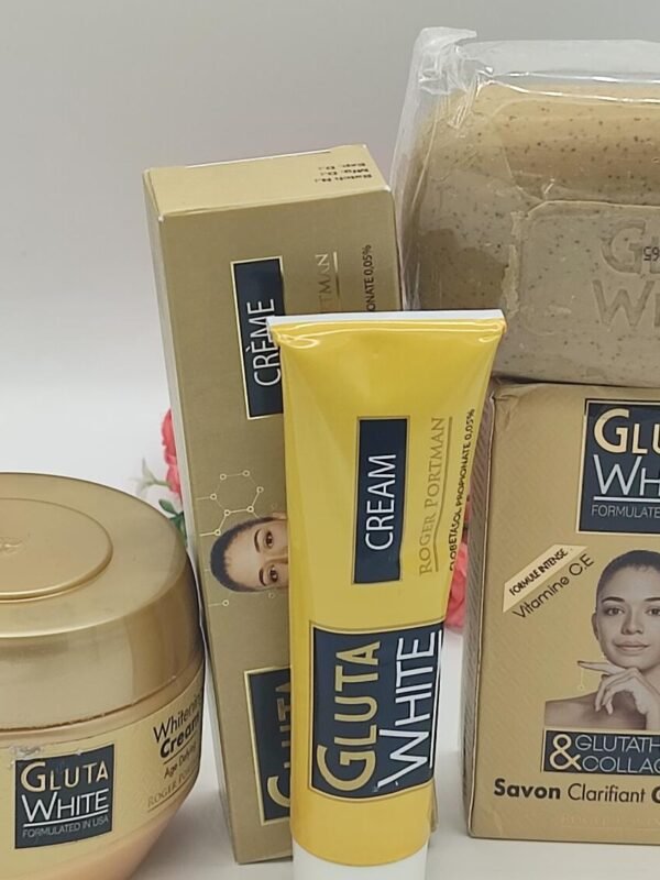 Gamme Naturelle Anti-Âge GLUTA WHITE aux Glutathione et Collagène - Kit Complet 5 Produits (Pot 275ml + Crème Concentrée + Savon + Sérum + Crème Visage)