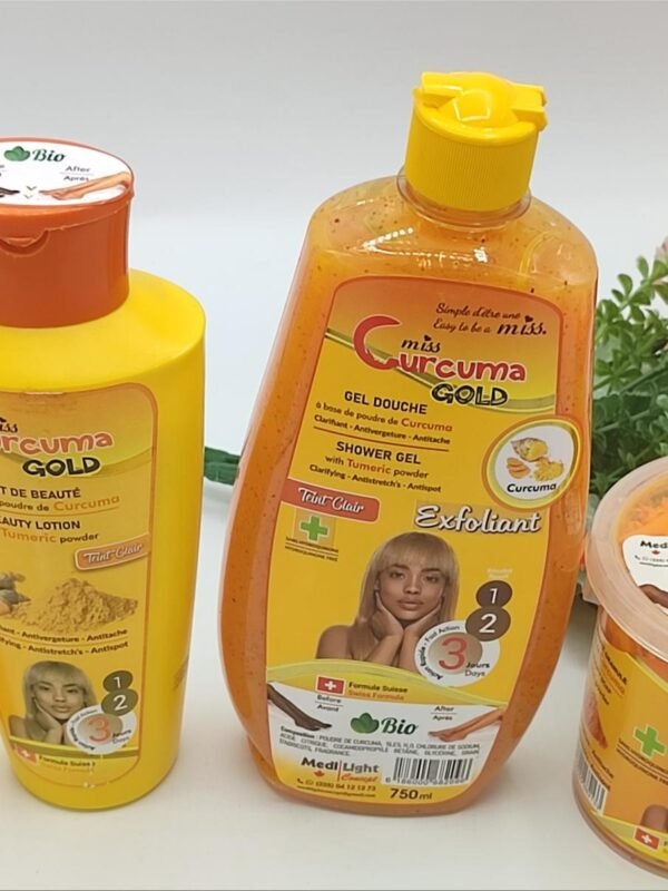 Gamme Complète Soins Curcuma Bio – Gel Douche, Savon, Lait, Huile & Crème Visage
