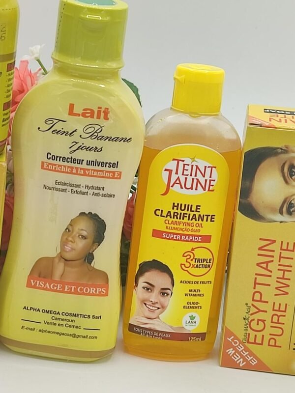 Mini Gamme Teint Jaune Parfait – Savon Papaye + Lait 250ml + Sérum + Huile 125ml | Routine Éclaircissante Naturelle pour un Éclat Doré et Uniforme