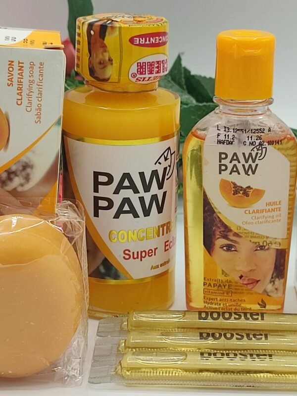 Mini Gamme Paw Paw – Savon, Sérum, Huile & Crème Visage Anti-Taches | Routine Éclaircissante + 3 Boosters pour un Teint Jaune Parfait