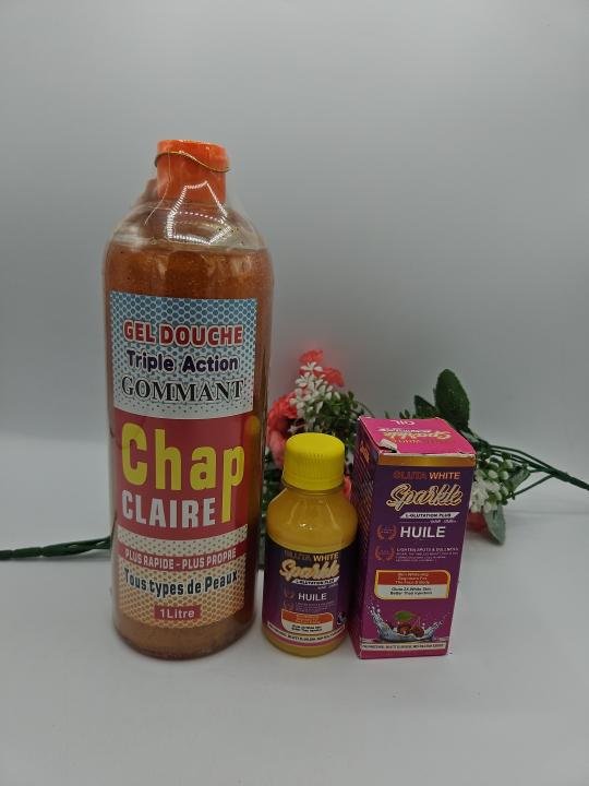 Gel Douche Triple Action Gommant CHAP CLAIRE + Huile Sparkle LIGHTENING – Peau Plus Propre et Éclatante (1L + 125ml)