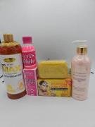 Gamme corporelle Pro teint  White  gel douche 1litre, huile sucess white125ml , lait corporelle DOUCEUR aux beurre de karite500ml et savon Purec Egyptian Gold OR 250g