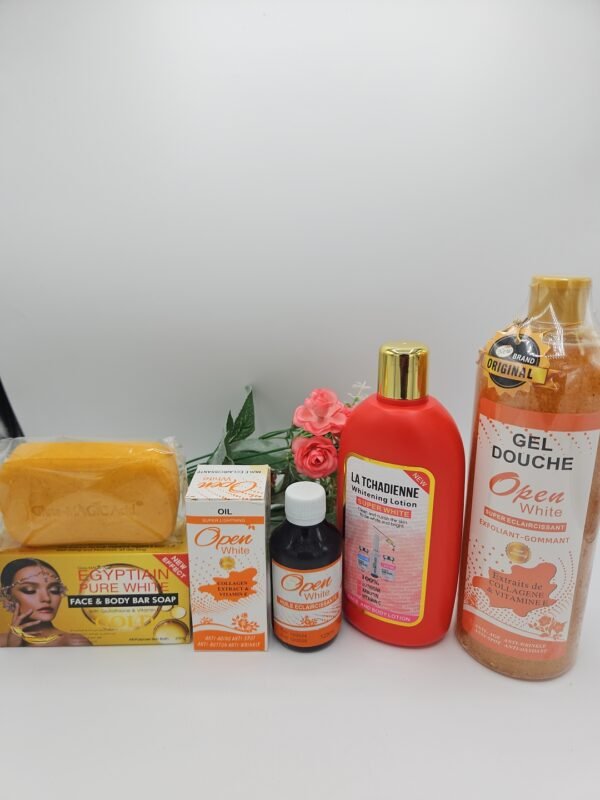 Gamme corporelle Open White  gel douche 1litre, huile 125ml , lait corporelle Tchadienne 500ml et savon Purec Egyptian Gold 250g