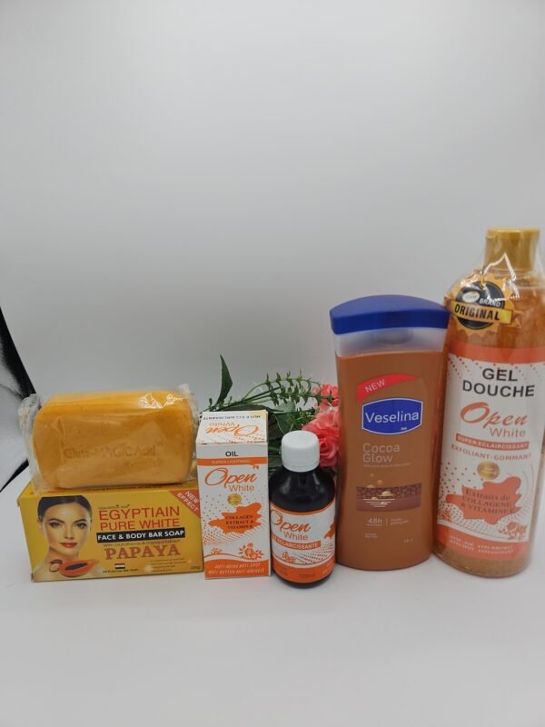Gamme corporelle Open White  gel douche 1litre, huile 125ml , lait corporelle Vaseline 400ml et savon Purec Egyptian Gold 250g
