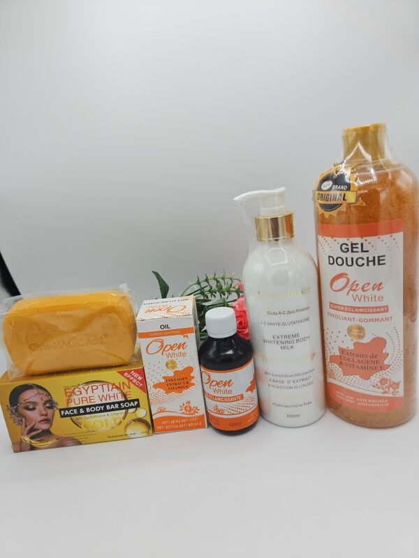 Gamme corporelle Open White  gel douche 1litre, huile 125ml , lait corporelle Glutatione white plus 500ml et savon Purec Egyptian Gold OR 250g