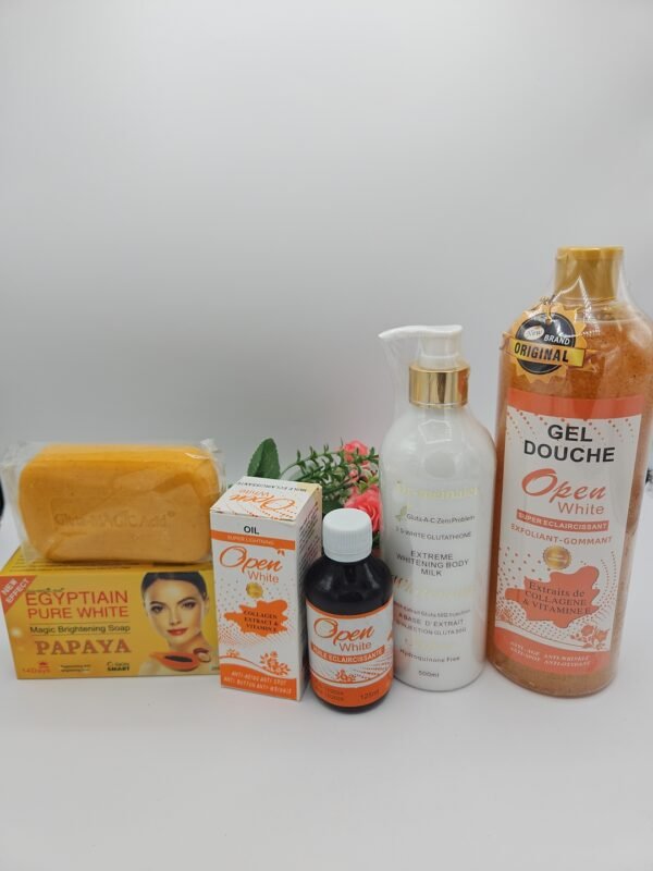 Gamme corporelle Open White  gel douche 1litre, huile 125ml , lait corporelle Glutatione white plus 500ml et savon Purec Egyptian Gold Carrotte 250g