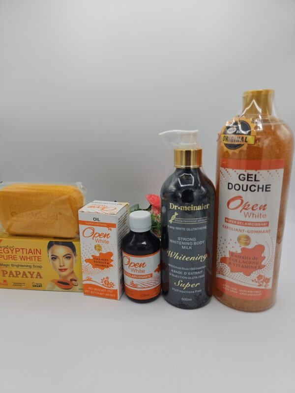 Gamme corporelle Open White  gel douche 1litre, huile 125ml , lait corporelle Glutatione Black plus 500ml et savon Purec Egyptian Gold papaya 250g