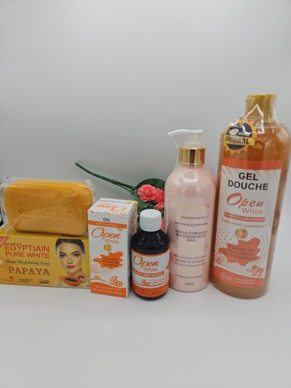 Gamme corporelle Open White  gel douche 1litre, huile 125ml , lait corporelle Glutatione Rose plus 500ml et savon Purec Egyptian Gold papaya 250g