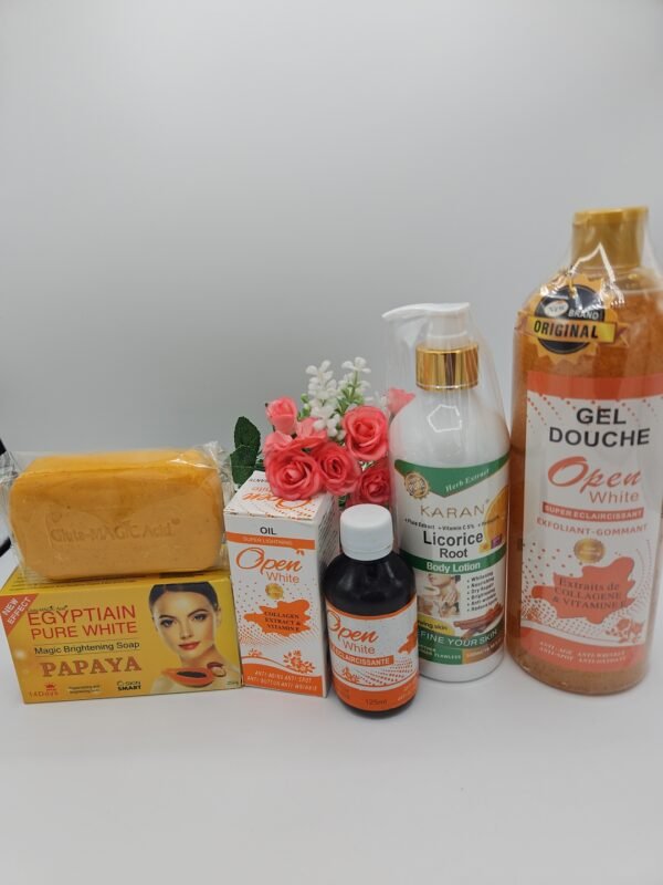 Gamme corporelle Open White  gel douche 1litre, huile 125ml , lait corporelle LICORICE ROOT 500ml et savon Purec Egyptian Gold Papaya 250g