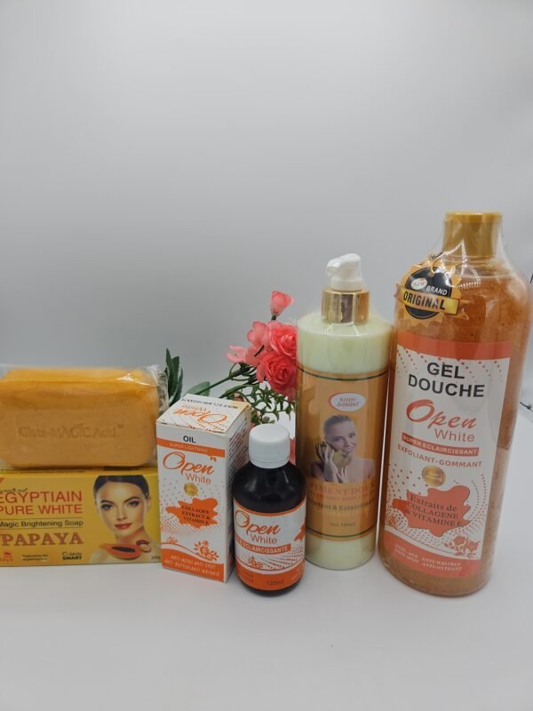 Gamme corporelle Open White  gel douche 1litre, huile 125ml , lait corporelle PIMENT DOUX 500ml et savon Purec Egyptian Gold Papaya 250g