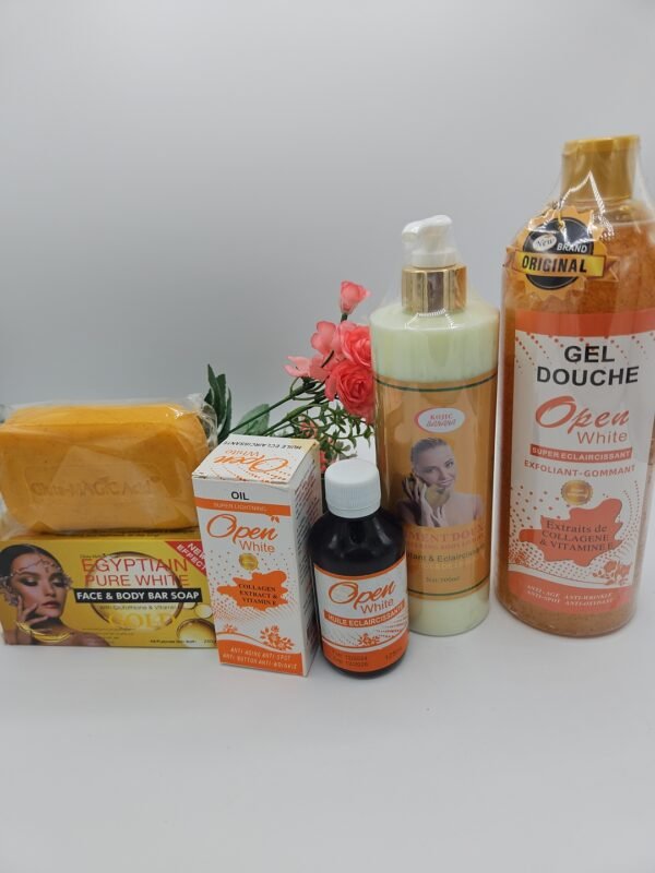 Gamme corporelle Open White  gel douche 1litre, huile 125ml , lait corporelle PIMENT DOUX 500ml et savon Purec Egyptian Gold OR 250g