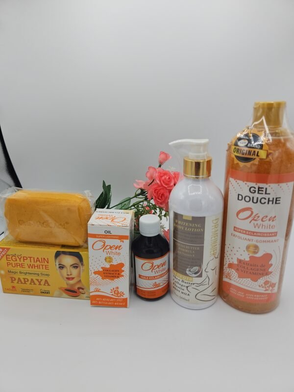 Gamme corporelle Open White  gel douche 1litre, huile 125ml , lait corporelle DOUCEUR aux beurre de karite500ml et savon Purec Egyptian Gold Papaya 250g